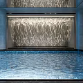 Elegant SPA Sauna Interior With Blue Water Curtain Wall Indoor Pool And Marble Steps