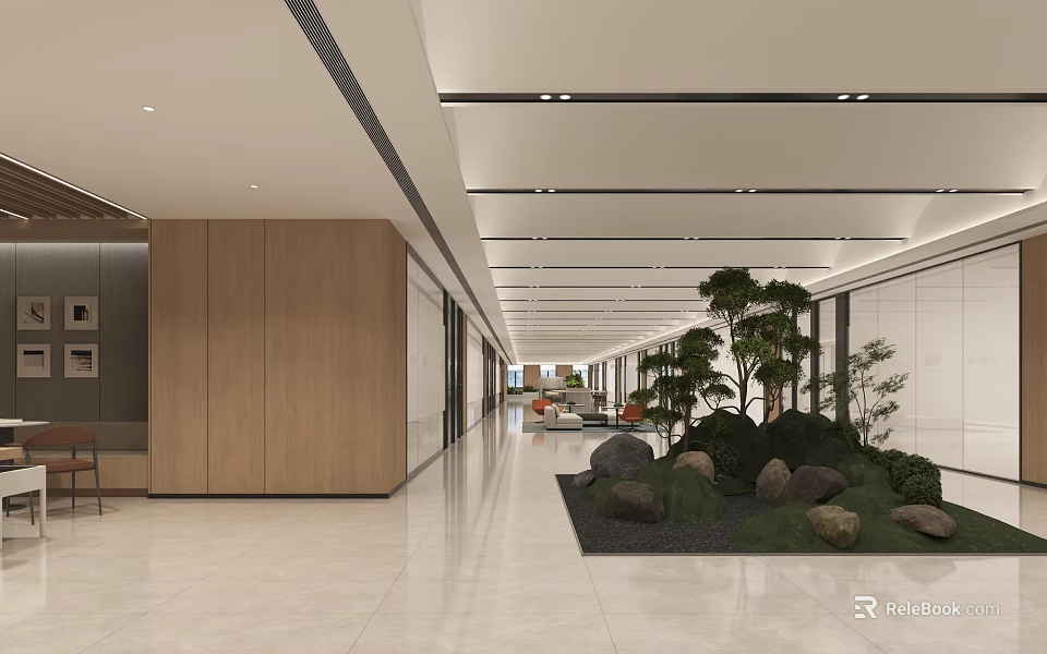 Modern Office Corridor With Wooden Panels Ceiling Lights Green Plant Landscape And Marble Flooring 3d model 