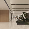 Modern Office Corridor With Wooden Panels Ceiling Lights Green Plant Landscape And Marble Flooring