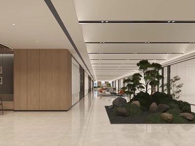 Modern Office Corridor With Wooden Panels Ceiling Lights Green Plant Landscape And Marble Flooring 3d model