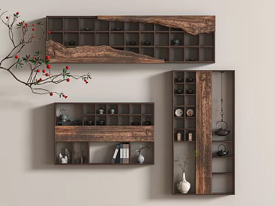 Wooden Antique Display Shelf Showcasing Tea Sets Books And Decorative Items On Beige Wall 3d model