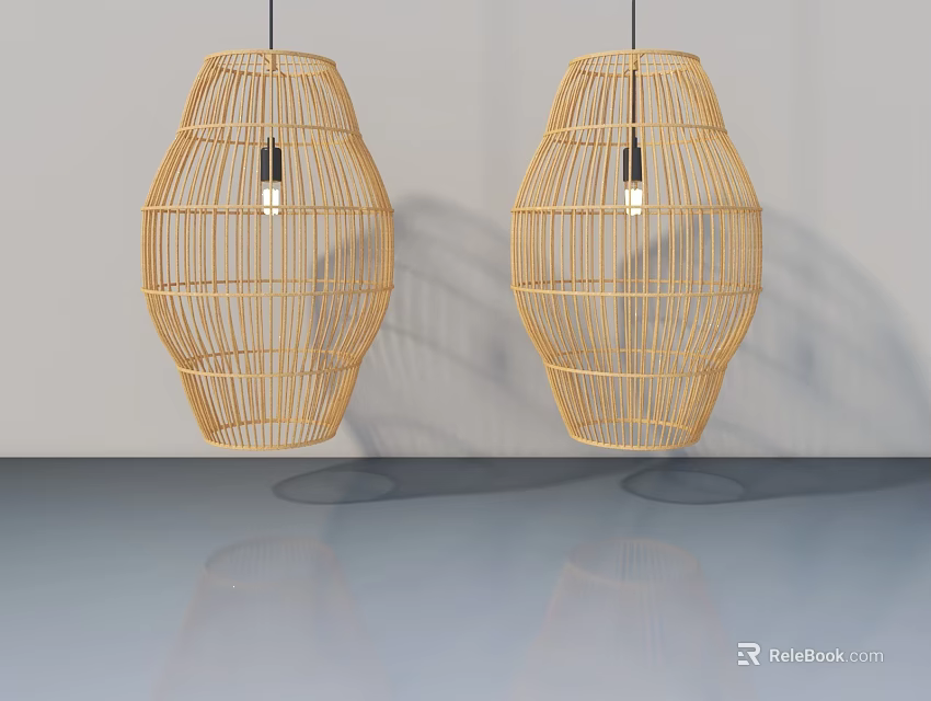 Two Modern Wicker Pendant Lights With Bulbs Hanging In Interior Space 3d model 