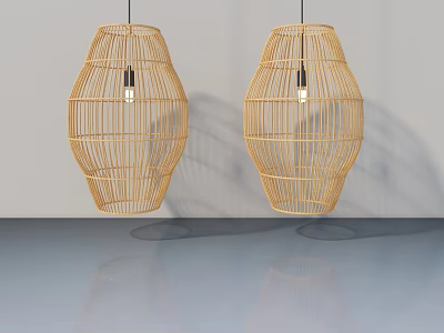 Two Modern Wicker Pendant Lights With Bulbs Hanging In Interior Space 3d model