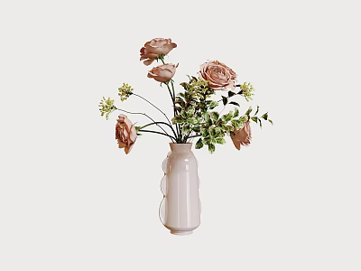 Elegant White Textured Vase with Pink Roses and Green Leaves for Home Decor 3d model