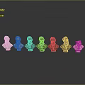 Graduated Color Bust Sculptures Arranged in a Row on Dark Background with Reflections