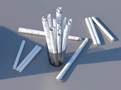 Household Supplies Including Rolled up Papers in Metal Container Scattered on Gray Tabletop 3d model