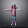 Cartoon Girl With Pink Hair Glasses Hoodie Vest Blue Jeans And Outstretched Arms
