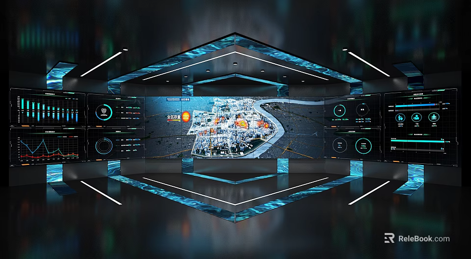 Hi Tech Control Room With Large Digital Screen And Multiple Monitoring Displays 3d model 