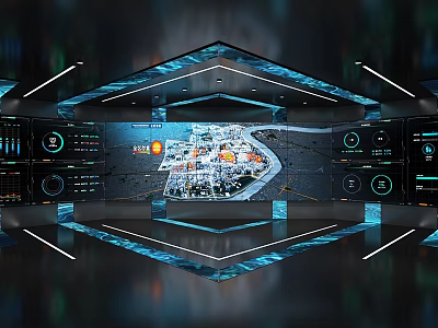 Hi Tech Control Room With Large Digital Screen And Multiple Monitoring Displays 3d model