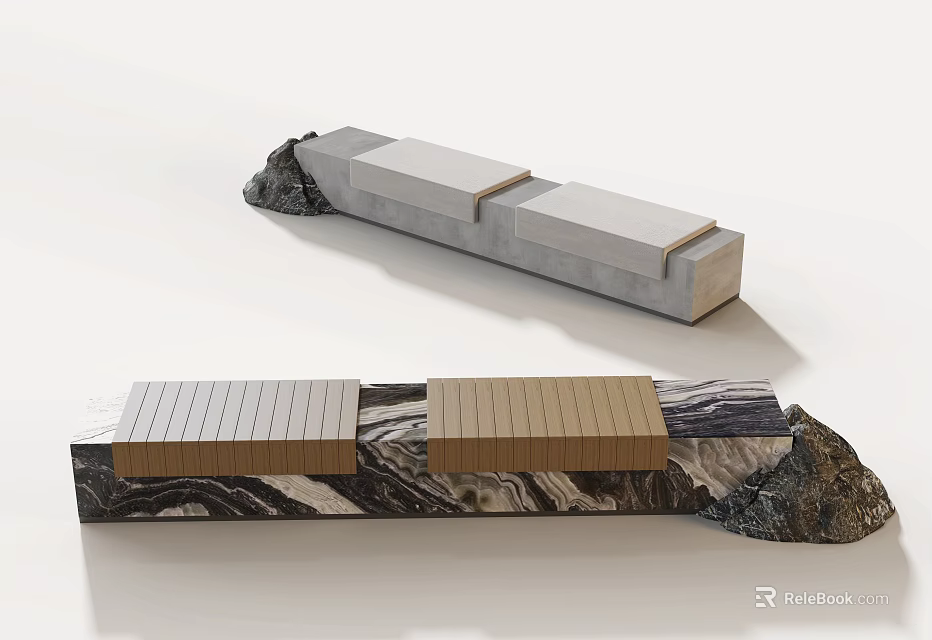 Elegant Modern Outdoor Landscape Seats With Mixed Stone Wood Design And Natural Rock Accents 3d model 