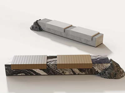 Elegant Modern Outdoor Landscape Seats With Mixed Stone Wood Design And Natural Rock Accents 3d model