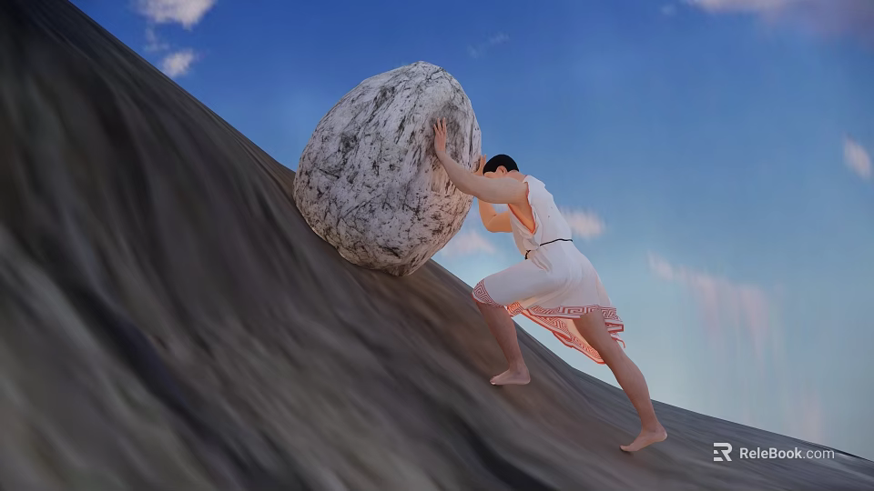 Man Pushing Heavy Rock Uphill on Mountain Slope Under Clear Blue Sky 3d model 