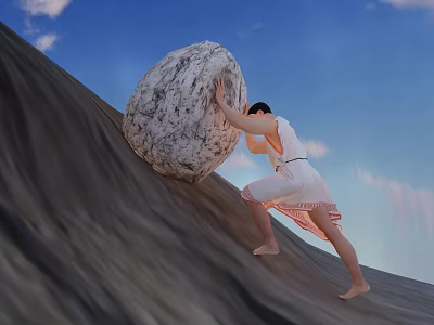 Man Pushing Heavy Rock Uphill on Mountain Slope Under Clear Blue Sky 3d model