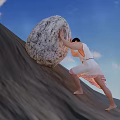 Man Pushing Heavy Rock Uphill on Mountain Slope Under Clear Blue Sky