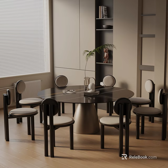 Modern Round Dining Table Set With Black Chairs Gray Cushions Wooden Floor And Palm Plant 3d model 