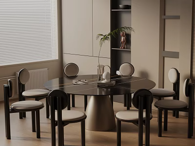 Modern Round Dining Table Set With Black Chairs Gray Cushions Wooden Floor And Palm Plant 3d model