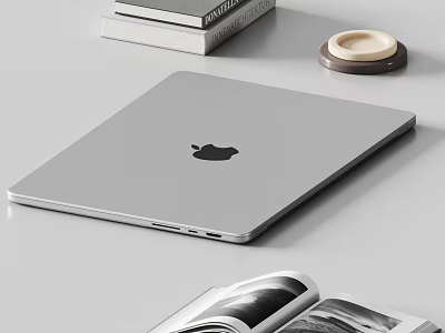 Silver Apple Laptop on Desk with Books Coaster and Open Magazine 3d model