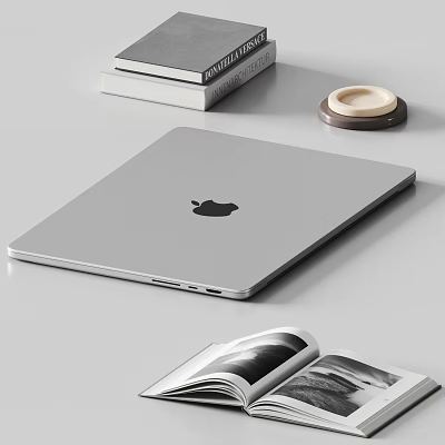 Silver Apple Laptop on Desk with Books Coaster and Open Magazine 3d model