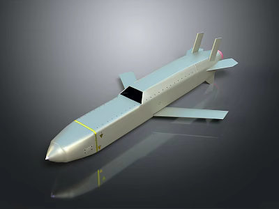 3D Model of Streamlined Metallic Missile With Yellow Stripe Wings and Tail Fins 3d model