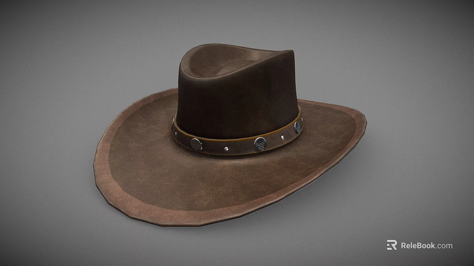 Brown Cowboy Hat With Wide Brim Leather Band And Metal Studs Design 3d model 