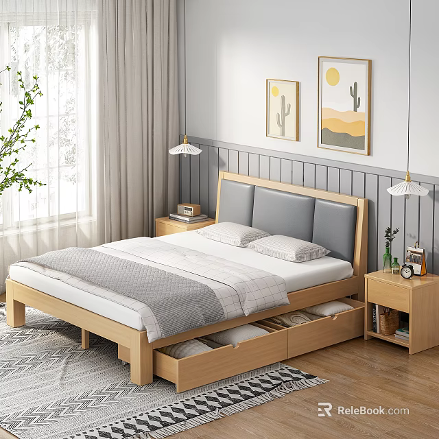 Wooden Double Bed with Gray Headboard Storage Drawers Nightstands Table Lamps and Cactus Wall Art 3d model 