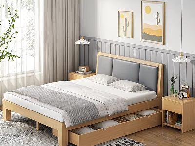 Wooden Double Bed with Gray Headboard Storage Drawers Nightstands Table Lamps and Cactus Wall Art 3d model