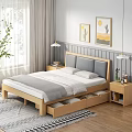 Wooden Double Bed with Gray Headboard Storage Drawers Nightstands Table Lamps and Cactus Wall Art