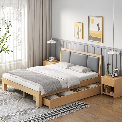 Wooden Double Bed with Gray Headboard Storage Drawers Nightstands Table Lamps and Cactus Wall Art 3d model
