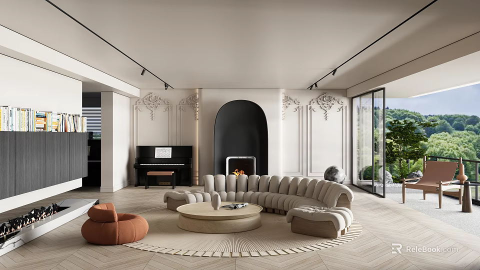 Modern Living Room Interior with Curved Sofa Round Coffee Table Fireplace Piano and Green Plants 3d model 