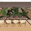 Dining Table And Chairs Set Surrounded By Lush Green Plants With Food