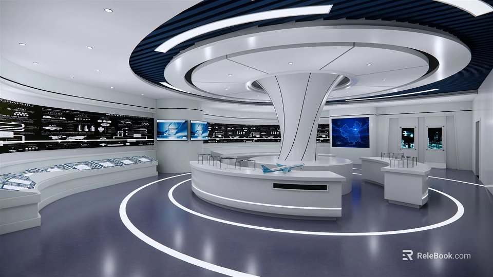 Modern Exhibition Hall Interior Design With Curved Display Counters Digital Screens And Lighting 3d model 