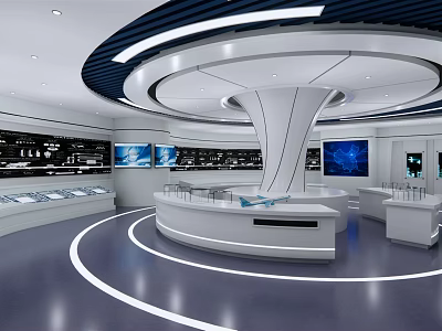 Modern Exhibition Hall Interior Design With Curved Display Counters Digital Screens And Lighting 3d model