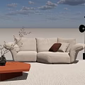 Beige Two Seater Sofa With Red And Light Cushions Brown Coffee Table Black Floor Lamp