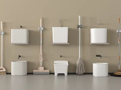 Modern Bathroom Accessories Set Including Toilet Brush Trash Can Mop And Hooks 3d model