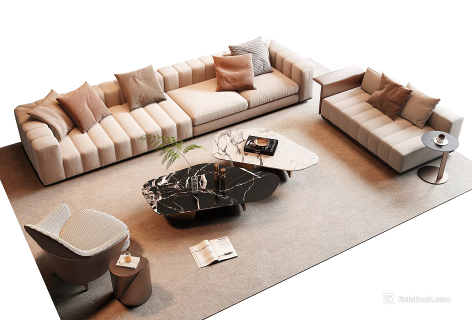 Living Room Modern Beige Sofa And Coffee Table Set With Pillows Carpet Plant And Magazine 3d model 