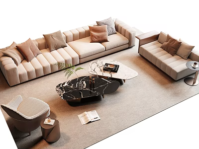 Living Room Modern Beige Sofa And Coffee Table Set With Pillows Carpet Plant And Magazine 3d model