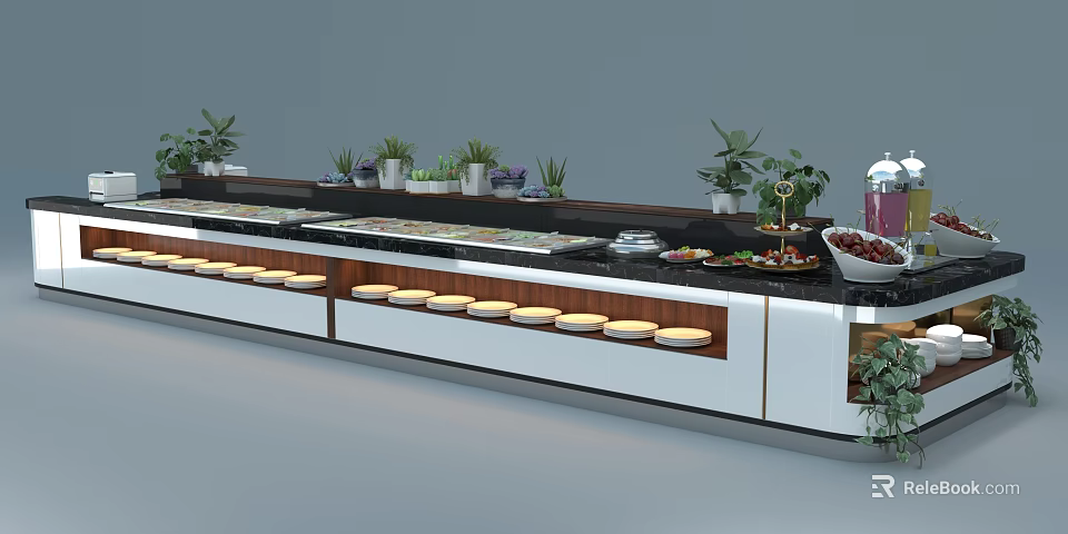 Buffet Table Setup With Various Foods Green Plants White And Black Countertops And Multiple Plates 3d model 