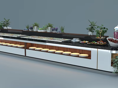 Buffet Table Setup With Various Foods Green Plants White And Black Countertops And Multiple Plates 3d model