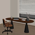 Oval Wooden Desk Workspace With Laptop Books Vase Sculpture And Brown Chair