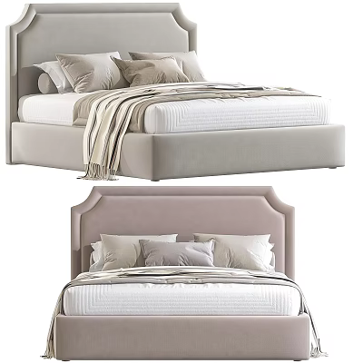 Modern Upholstered Double Bed With Soft Headboard And Plush Pillows Throw Blankets 3d model