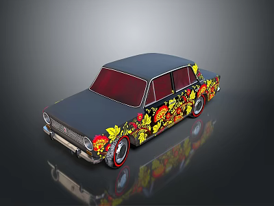 Vintage Car With Yellow Red Floral Patterns Dark Roof Red Windows Red Rim Wheels 3d model