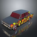 Vintage Car With Yellow Red Floral Patterns Dark Roof Red Windows Red Rim Wheels