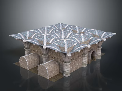 Ancient Stone Building With Intricate Cross Patterned Roof And Stone Pillars 3d model