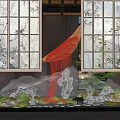 Traditional Indoor Landscape With Lattice Windows Red Cascading Decorations Stones Greenery And Lantern Lamps