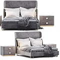 Modern Gray Velvet Double Bed With Tufted Headboard Matching Nightstands Pillows And Cozy Blanket