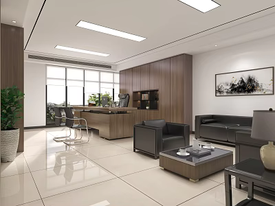 Modern Office Interior With Wooden Desk Black Sofa Green Plant Marble Table And Decorative Painting 3d model