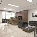 Modern Office Interior With Wooden Desk Black Sofa Green Plant Marble Table And Decorative Painting