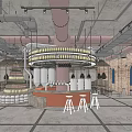 Industrial Style Bar Interior Design With Round Chandelier Bar Counter And Red Brick Walls