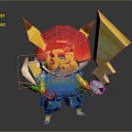 Cartoon Game Animation Character With Red Yellow Horned Helmet Swirl Patterned Eyes Lightning Blade Weapons