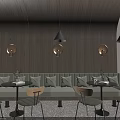 Modern Café Interior With Dark Wooden Walls Curved Green Sofas Pendant Lights And City View